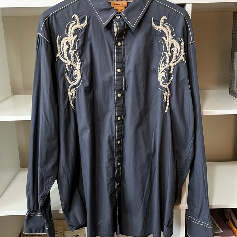 ARIAT Western Cowboy Shirt Snap Button Embroidered Long Sleeved Men’s 2XL Blue